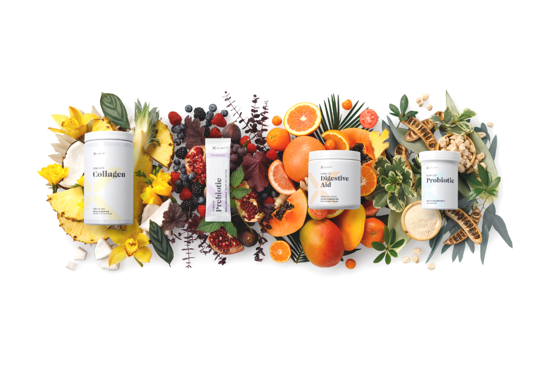 Xyngular Tummy Tamer combines four powerhouse Xyngular products: Complete Collagen, Complete Probiotic, Complete Prebiotic and Complete Digestive Aid, for a comprehensive approach to gut health and weight loss.